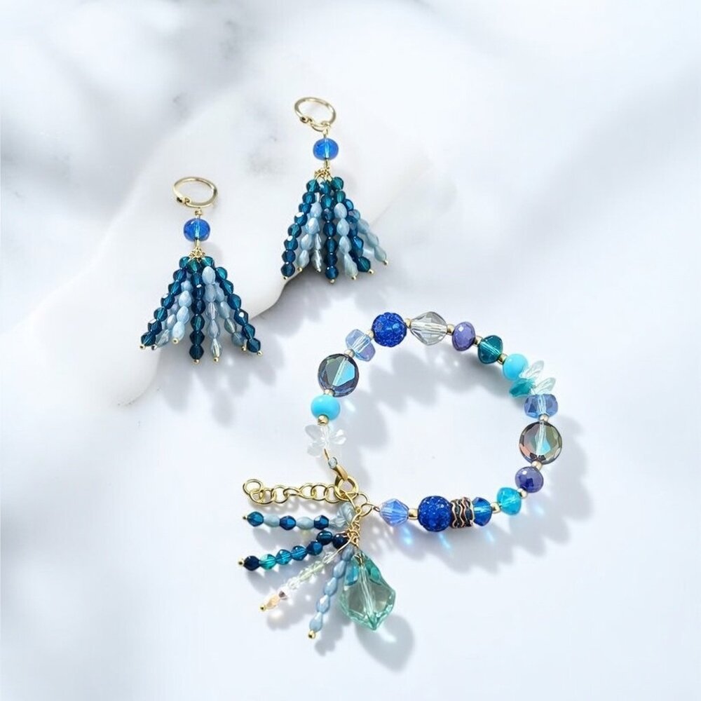 Swarovski Beaded Bracelet & Earrings Set – Blue & Gold Women’s Jewelry Gift